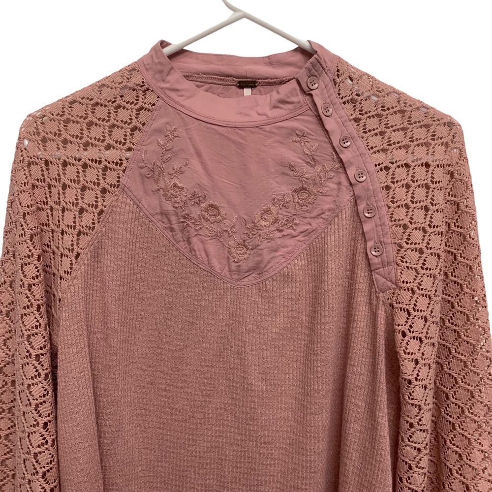 Free People Embroidered Crocheted Thermal High Neck Top